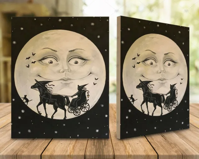 RYTA Wooden Print Sign Multiple Sizes Art HALLOWEEN WITCH CAT SALEM BUGGY MOON