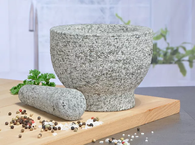 Granit Mörser + Stößel massiv - 15x11 cm - Steinmörser Zerkleinerer Gewürzmörser