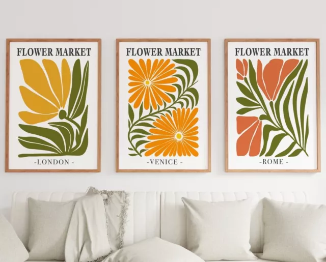 Set of 3 Retro Flower Market Art Prints,  Abstract Wall Art, Botanical Prints