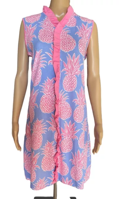 Ana Clare Pineapple Blue Pink Ruffled Summer  Tank Dress Size Large