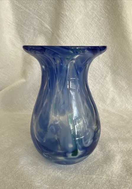Vtg Hand Blown Art Glass Vase Blue Green Swirl Mcm 5.5”