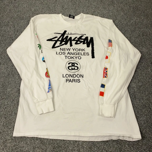STUSSY WORLD TOUR Flags LS Tee Mens XL White Long Sleeve 44.95