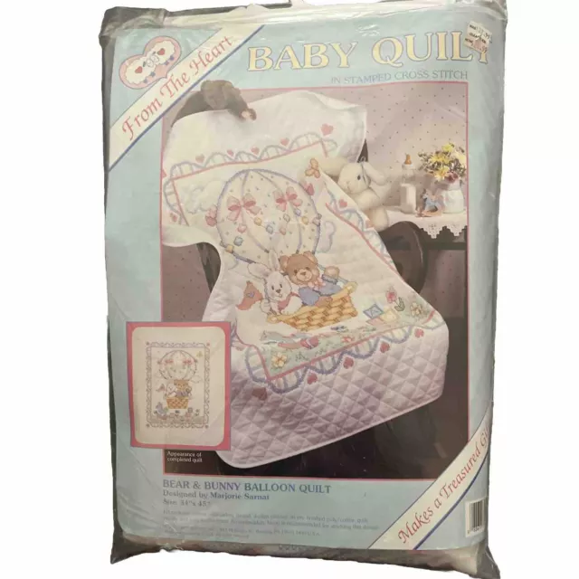 FROM THE HEART Baby Quilt 79001 Kit Stamped Cross Stitch Bear Bunny Balloon NEW