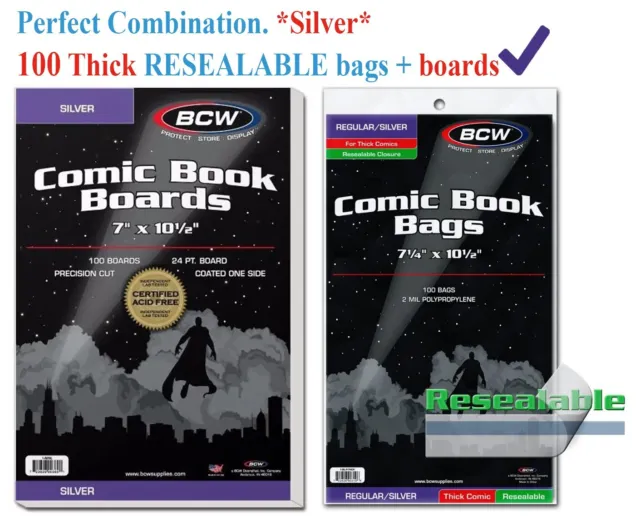 100 THICK RESEALABLE BCW Silver Comic Book Bags + Back Board 7 1/4 x 10 1/2 Safe