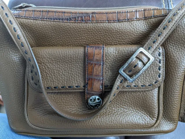BRIGHTON Brown Leather w/ Croc Embossed Trim Satchel Shoulder Bag Purse