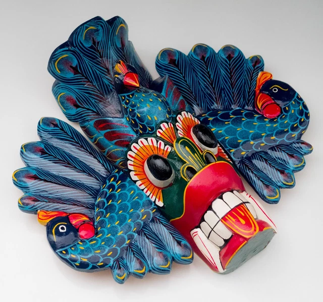 Sri Lanka Hand Carved Wooden Mask, Mayura Raksha, Peacock Demon, Painted Deities