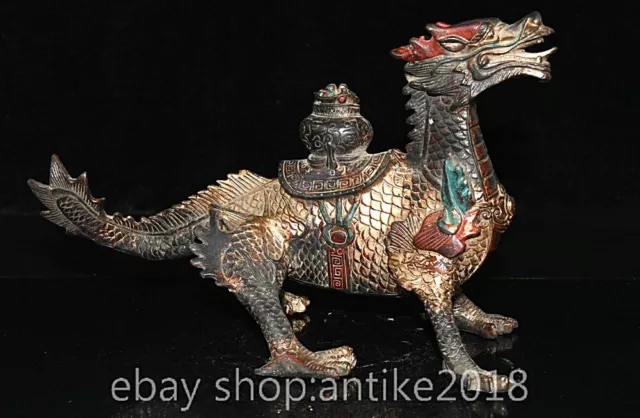 10.8" Old Chinese Copper Dynasty Palace Fengshui 12 Zodiac Yuanbao Dragon Statue
