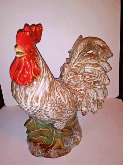 Vintage Country Farmhouse Decorative Glazed Ceramic Rooster Statue 11 Inch