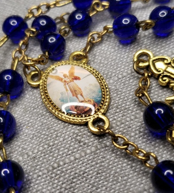 VINTAGE ROSARY ST Michael the Archangel blue glass beads Christian G88