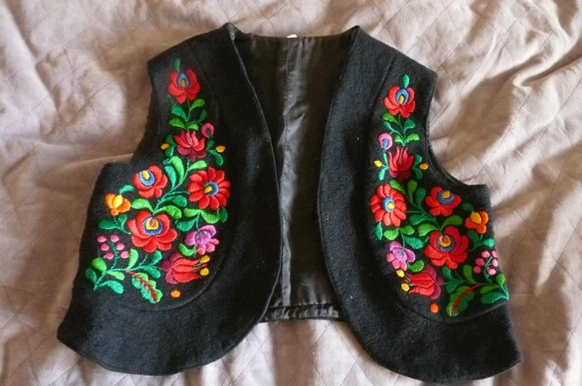 Vintage  mid1900s folk ethnic embroidered black wool child vest Balkan Ukrainian