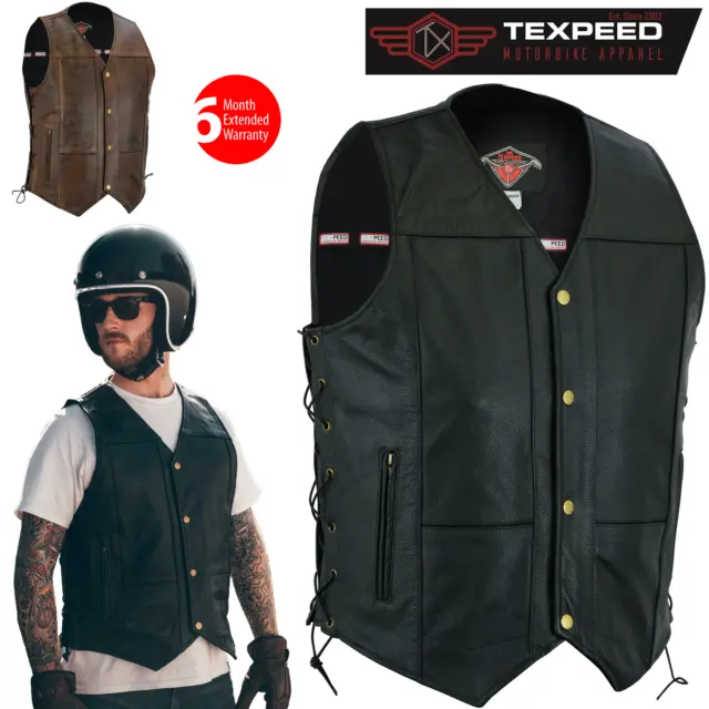 Mens Real Leather Waistcoat Motorbike Motorcycle Biker Genuine Gillet Vest Cut