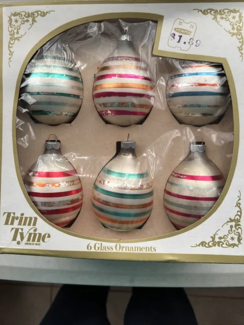 Lot of 6 Vtg Shiny Brite Glass Ornaments Egg Shape Teardrop Ornaments In Box