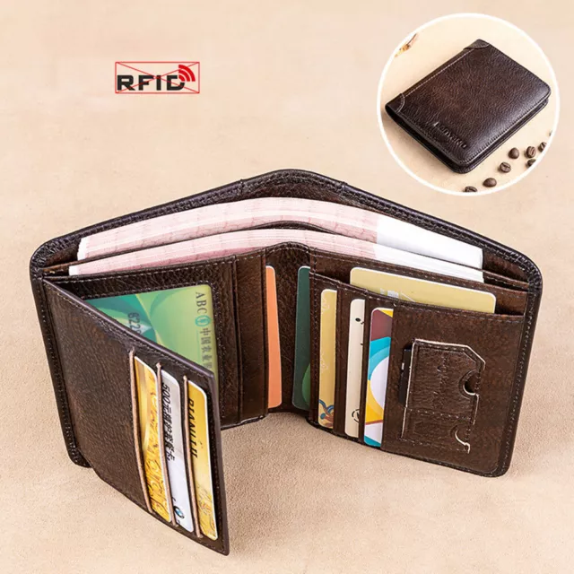 Genuine Leather Men Bifold/Trifold Wallet RFID Blocking Credit card Holder Retro 5