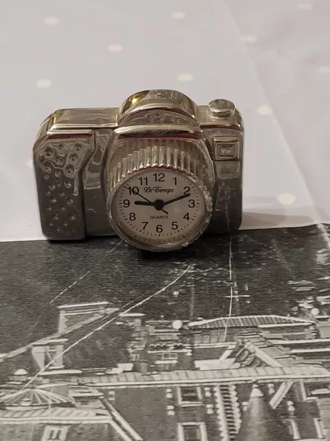Temps Time Argent Silver Metal Vintage Horloge Clock Miniature Appareil Photo