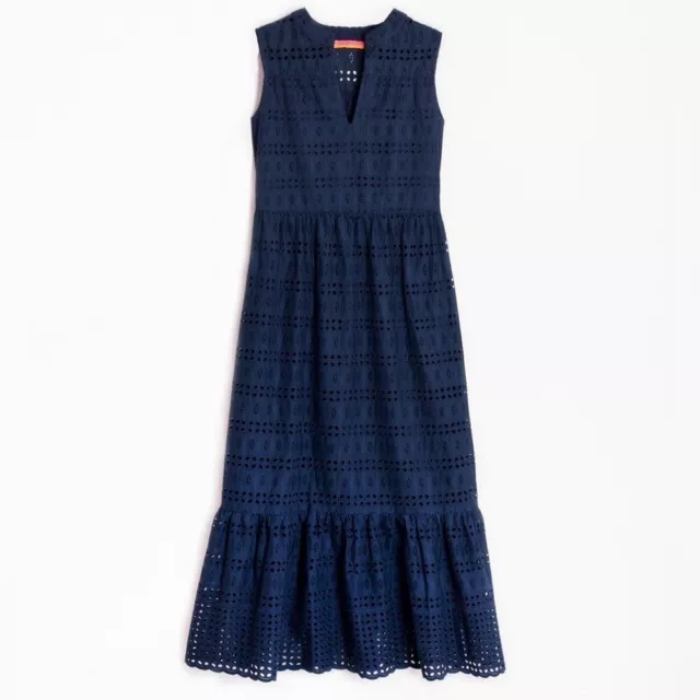 VILAGALLO Navy Blue Lenna Sangallo Eyelet Midi Dress Spain 48 US 14 X-Large