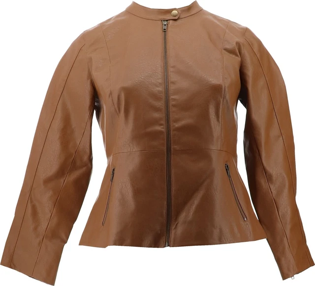 Colleen Lopez Peplum Faux Leather Jacket Cognac S NEW 724-774