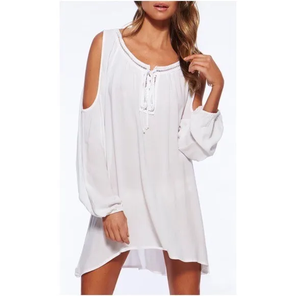NWT L’Space Size L Islander Cold Shoulder Tunic Swim Cover Long Sleeve In White