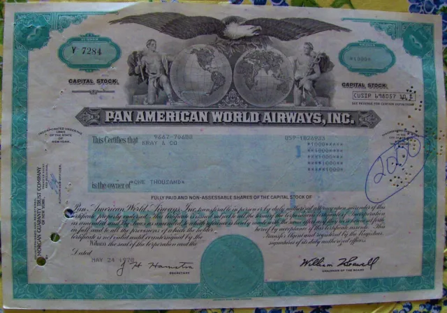 Stock certificate Pan American World Airways, Inc Payee KREY & Co 1978