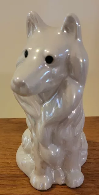 Vintage Ceramic Dog Sitting Collie Bank White Glazed Unmarked 6 1/4" Tall