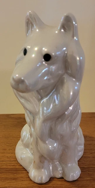Vintage Ceramic Dog Sitting Collie Bank White Glazed Unmarked 6 1/4" Tall