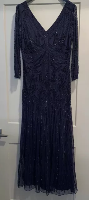 Pisarro Nights Beaded V Neck Cocktail Dress Size 14 In Navy , Black Beads