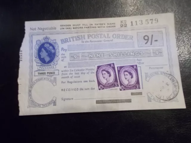 British postal order - QEII,  9/- + 6d stamps, Lemington ? 3rd April ?