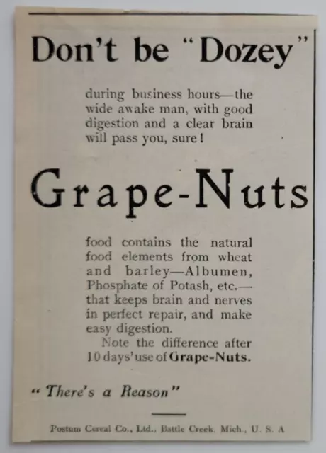 Grape-Nuts Cereal "Don't Be Dozey" Alertness 1906 Outlook Ad Original ~3x4"