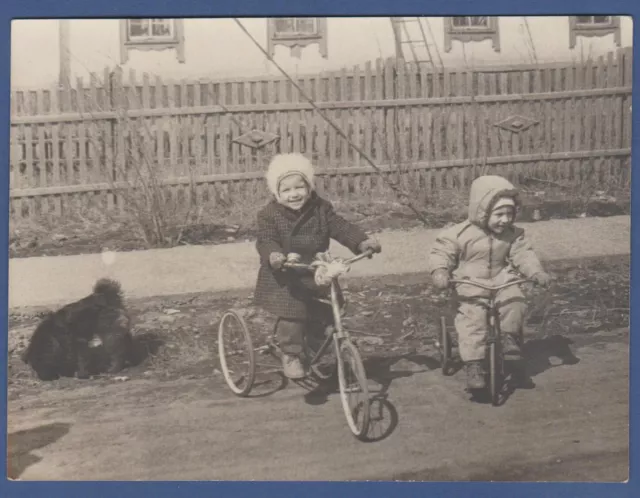 Beautiful children on children's bikes, cute kids Soviet Vintage Photo USSR