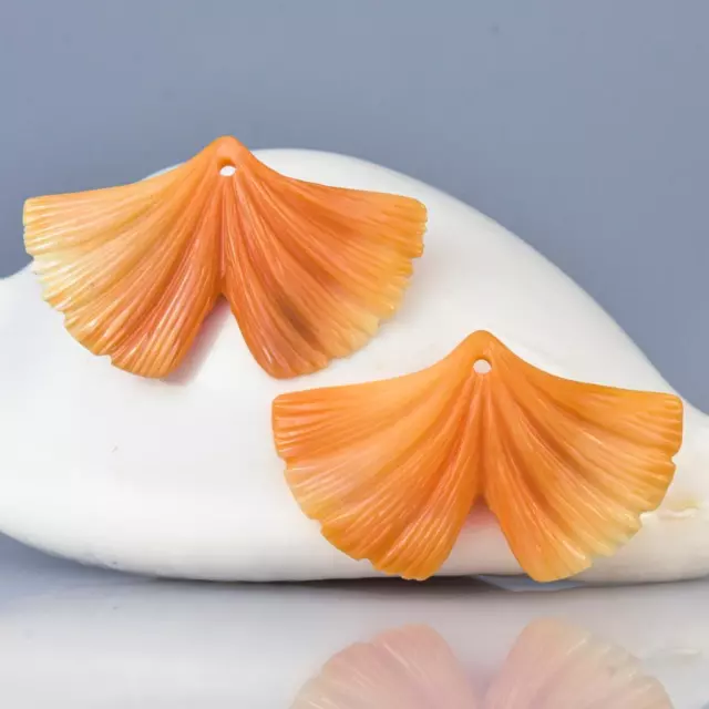 Apricot Trumpet Shell Carving Ginkgo Leaf Earring Pair Handmade 4.99 g