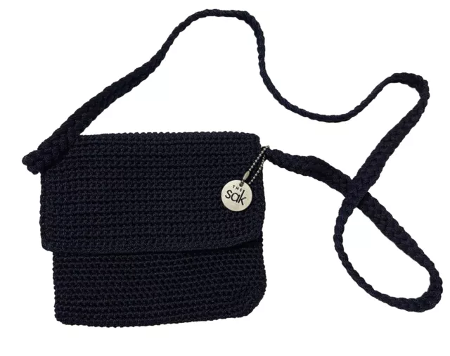 The SAK Crochet Knit Woven Black Hobo Shoulder Handbag Purse Boho Crossbody Bag