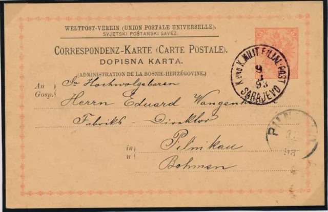 BOSNIA 1893 5kr UPU-KARTE, SARAJEVO nach PILMIKAU