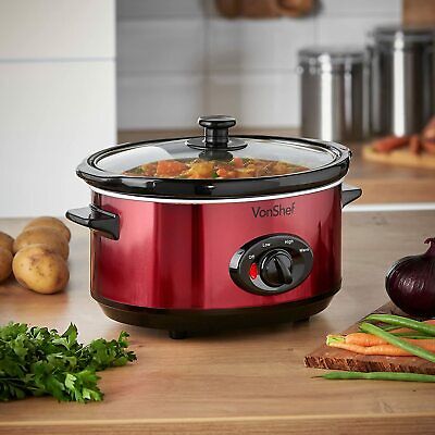 VonShef Pentola per Cottura Lenta in acciaio inox da 3,5L con contenitore rimovibile da usare come piatto di portata e coperchio in vetro temperato 