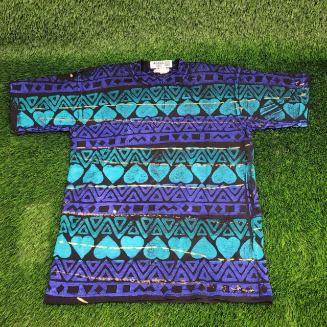 Vintage Heart Aztec Tribal Pattern Shirt Mens XL Black Blue Purple 90s Tee