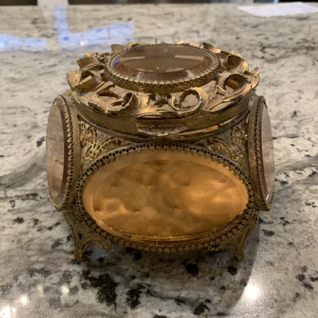 Antique Vintage French Brass Beveled Glass Jewlery Box pentagon Shape