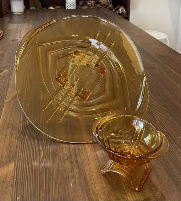 Art Deco Vintage 1930’s Stolzle Czech Amber Glass Platter and Footed Bowl