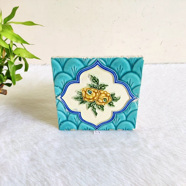 1930s Vintage Floral Embossed Blue Shade Architecture Furniture Tile Japan TL7