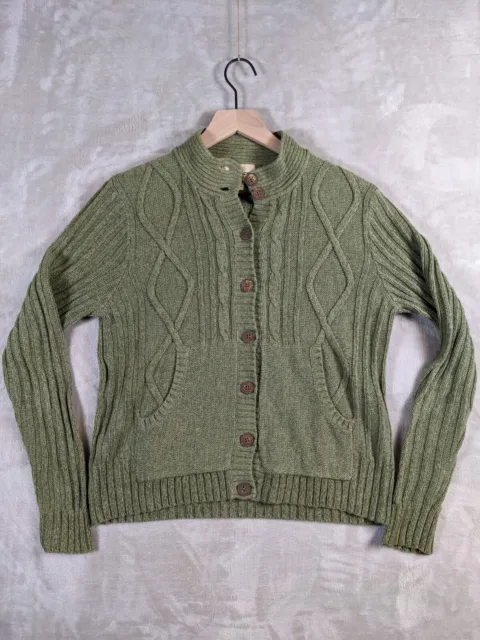 Woolrich Cardigan Sweater Womens M Cotton Cable Knit Chunky Button Sage Green
