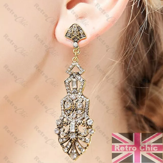 8cm Big Earrings Antique Gold Ornate Crystal Flapper Gatsby Art Deco 20s Style