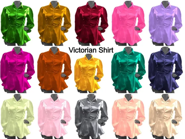 Satin Half Button Shirt Victorian Shirt Long sleeve Office Wear Peplum Top S86-2