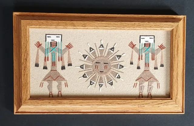 Framed Sand Painting Art Native American Navajo Signed Fred Hayes 9” x 5.5” Sun