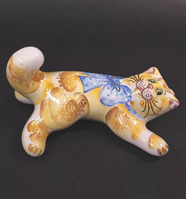 Studio Art Pottery Cat Redware Clay Figurine Signed Whimsical Pouncing Kitten