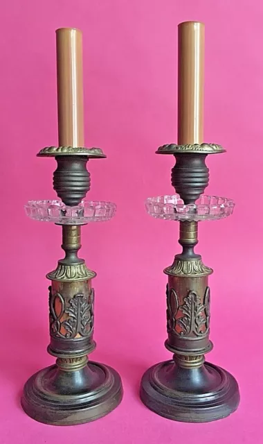 Antique 19C Pair Candle Sticks Electrified Ormolu French? Empire Bronze/Brass