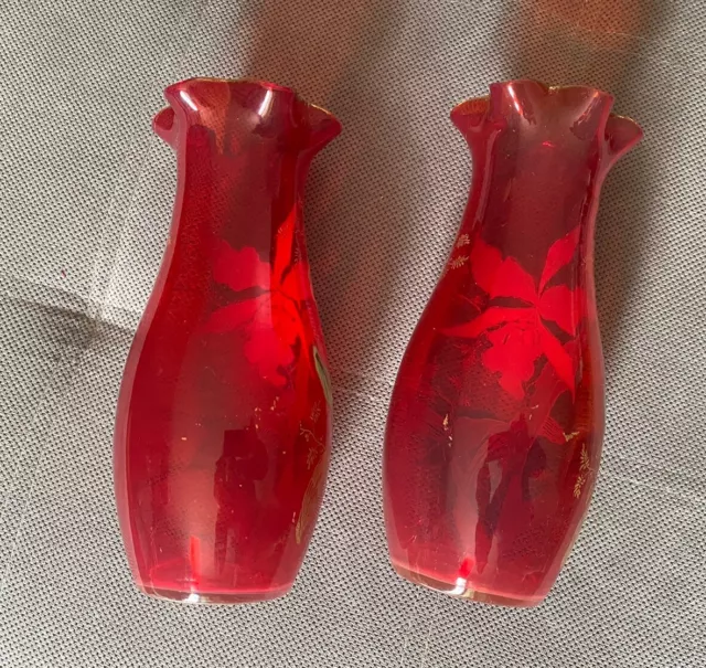 Legras Paire De  Vase Verre Emaillé Iris Col Polylobé Montjoye Rouge 3