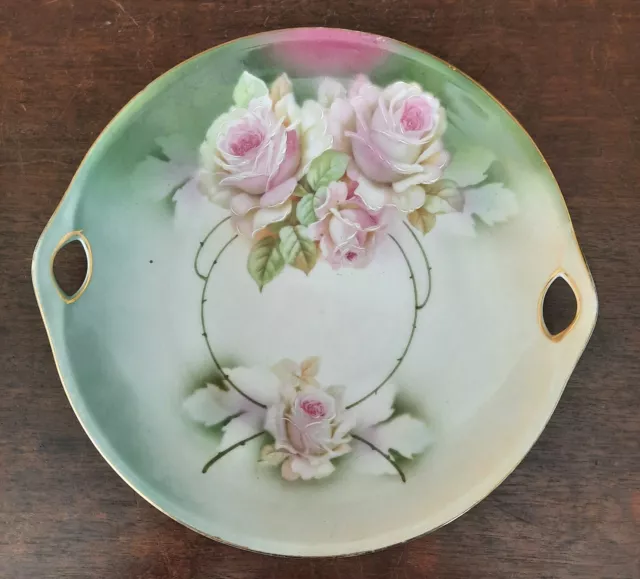 Hand Painted Handled Cake Dessert Plate With Pale Pink Roses Germany