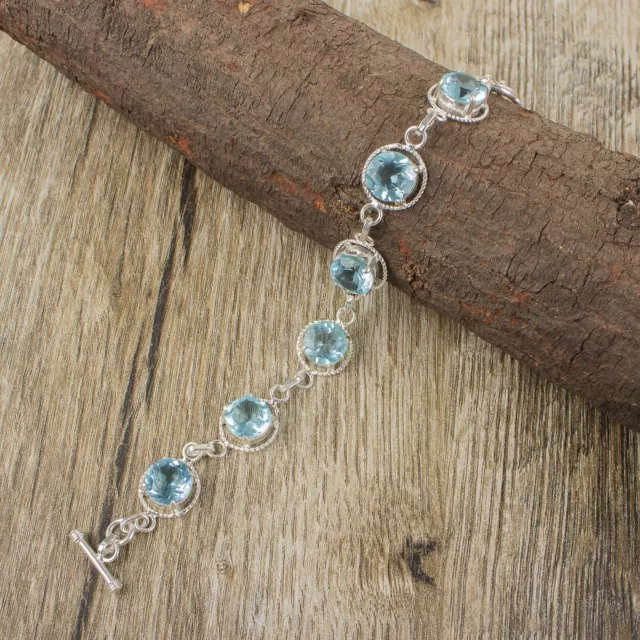 Natural Sky Blue Topaz Gemstone 925 Sterling Silver Chain Bracelet For Girls