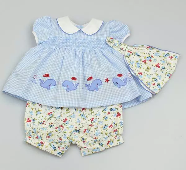 Baby Girls Whales Dress Shorts & Hat 3 Piece Set Gingham Blue Flowers 0 - 9 Mths 2