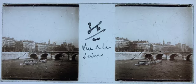 PARIS 1900 VUE DE LA SEINE PLAQUE STEREO VERRE 45x107 VUE PHOTO STEREOSCOPIQUE