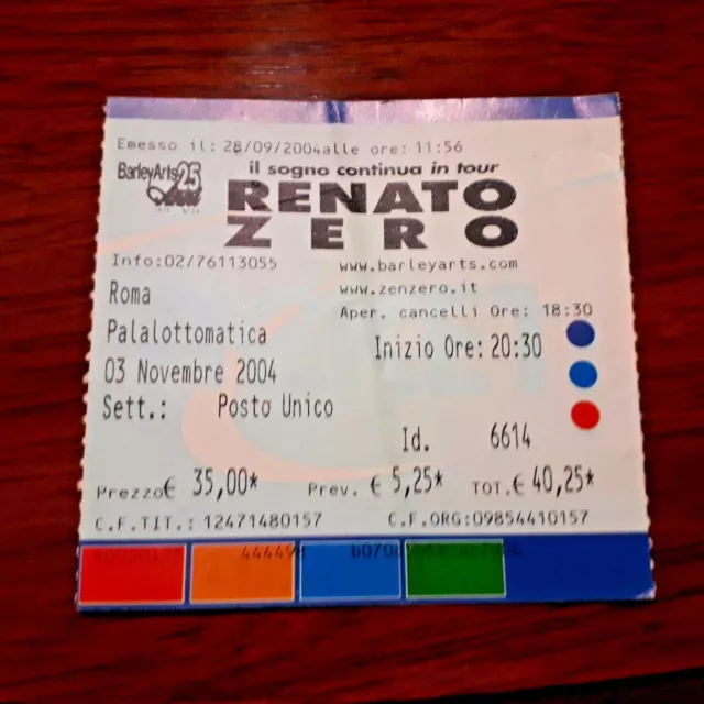 biglietto concerto RENATO ZERO - Roma, Palalottomatica, 3 novembre 2004