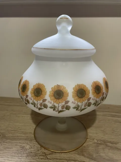 Milk Glass Lidded Bon Bon Apothecary Jar Large Mid Century Sweet Bowl Sunflower