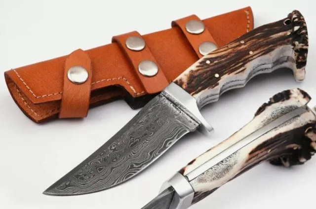 Custom Handmade Damascus Steel Hunting Knife handle Stag Antler/sheath